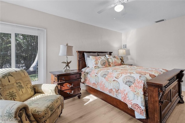 bedroom featuring ceiling fan and light wood-type flooring