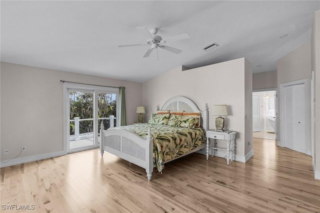 bedroom with ceiling fan, access to exterior, connected bathroom, and light hardwood / wood-style flooring