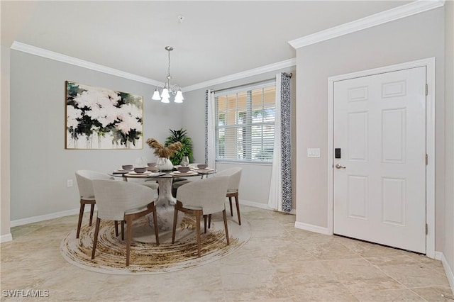 dining area with an inviting chandelier and crown molding