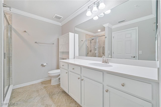 bathroom with walk in shower, vanity, toilet, and crown molding