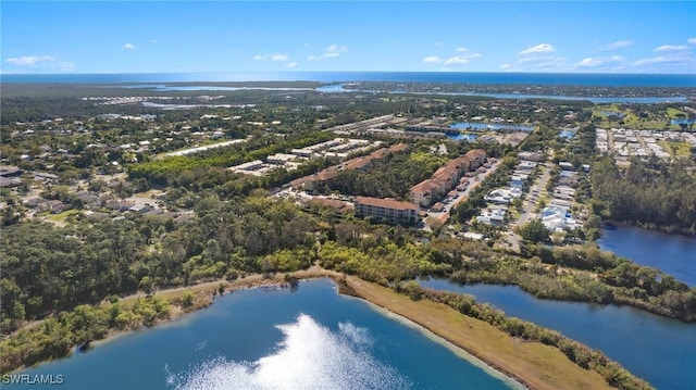 drone / aerial view featuring a water view