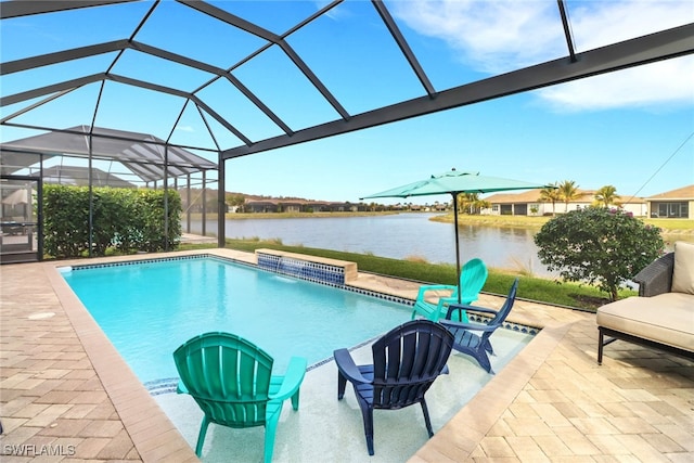 view of swimming pool with a patio area, a lanai, and a water view