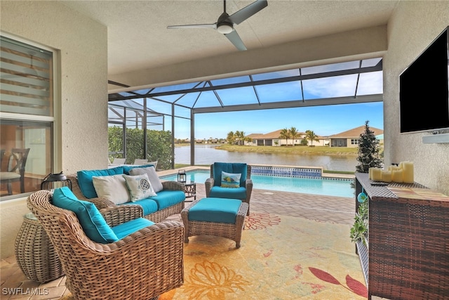 view of patio / terrace with an outdoor hangout area, ceiling fan, and a lanai