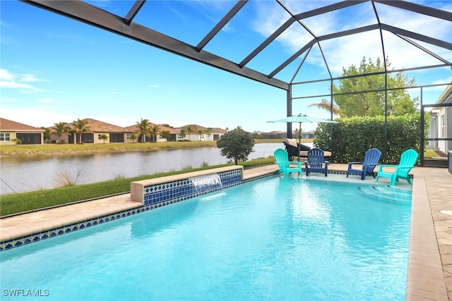 view of swimming pool featuring a water view, pool water feature, glass enclosure, and a patio area