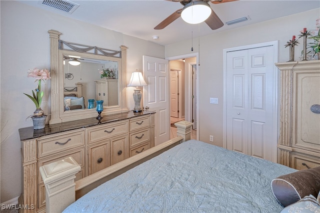 bedroom featuring ceiling fan and a closet