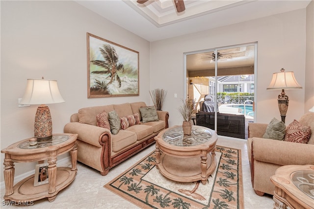 living room featuring ceiling fan