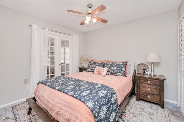 bedroom with french doors and ceiling fan