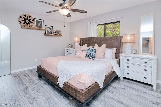 bedroom featuring ceiling fan and light hardwood / wood-style floors