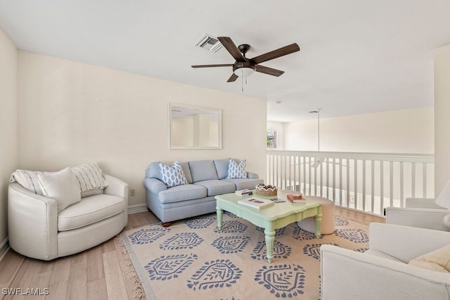 living room with ceiling fan and wood-type flooring