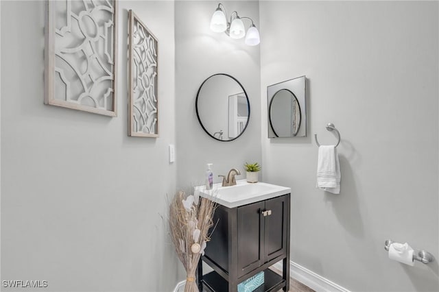 bathroom featuring vanity and wood-type flooring