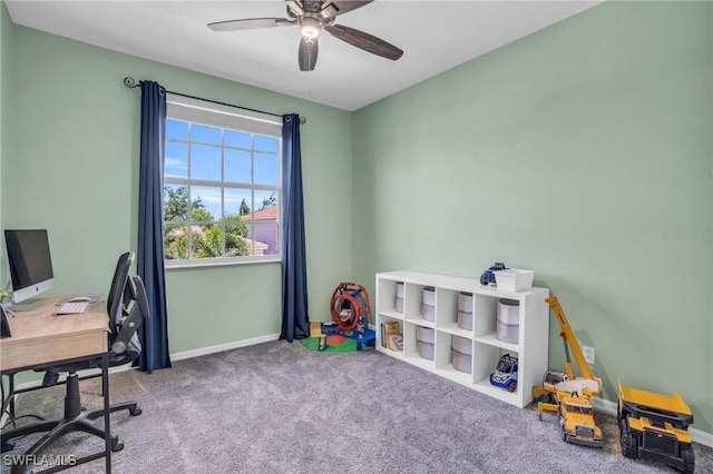 office area with ceiling fan and carpet floors