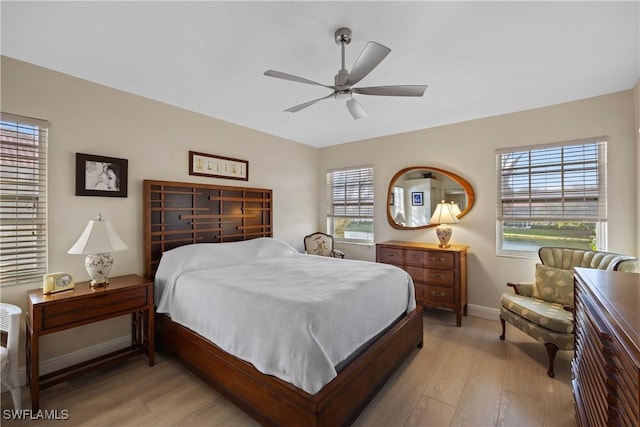 bedroom with ceiling fan and light hardwood / wood-style flooring