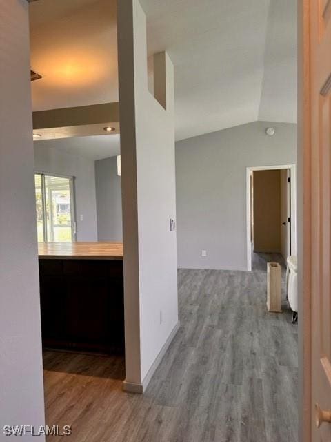 hallway featuring vaulted ceiling and hardwood / wood-style flooring