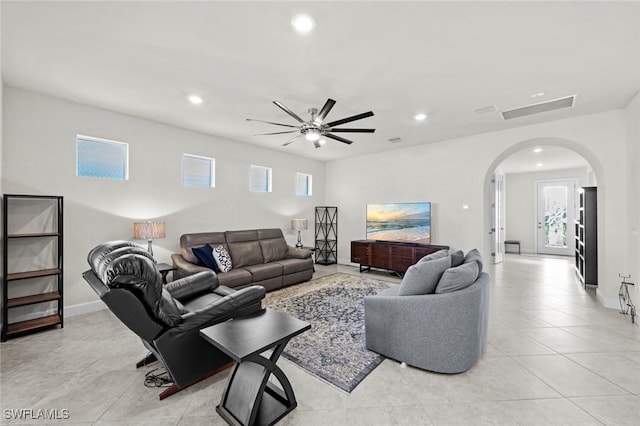 living room featuring ceiling fan