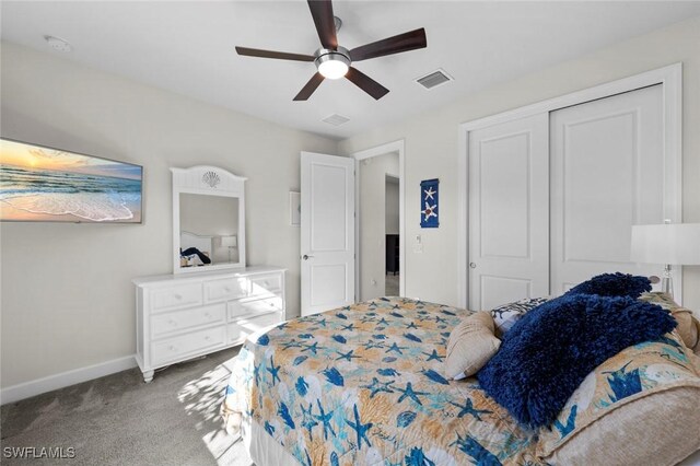 bedroom with ceiling fan, carpet, and a closet