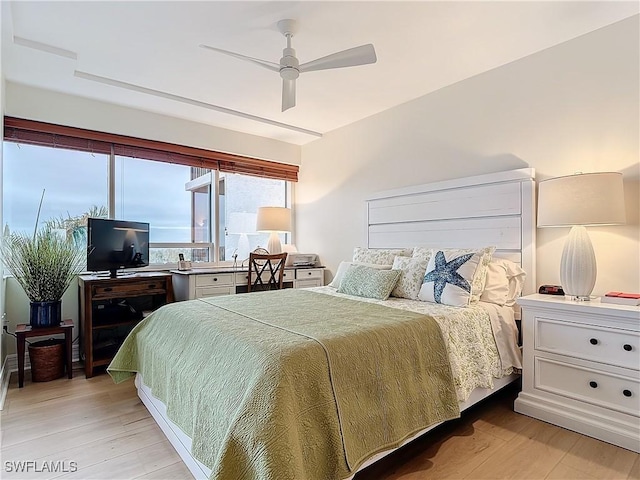 bedroom with ceiling fan and light wood-type flooring