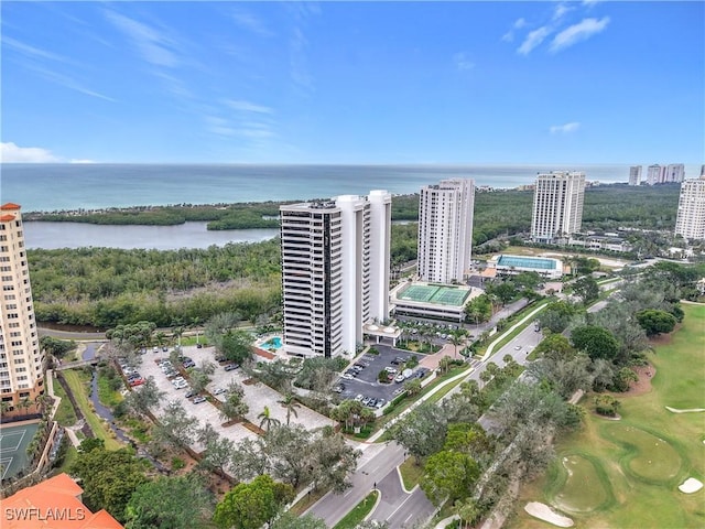 birds eye view of property featuring a water view