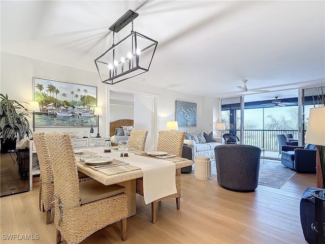 dining area with expansive windows, ceiling fan with notable chandelier, and light hardwood / wood-style floors