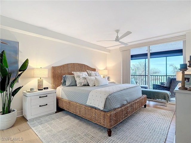 bedroom featuring ceiling fan, access to exterior, and light wood-type flooring