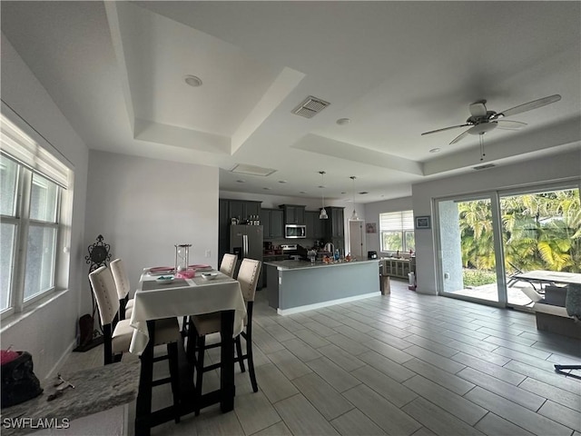 dining room featuring ceiling fan and a raised ceiling