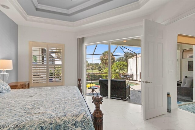 bedroom with access to exterior, ornamental molding, and a raised ceiling