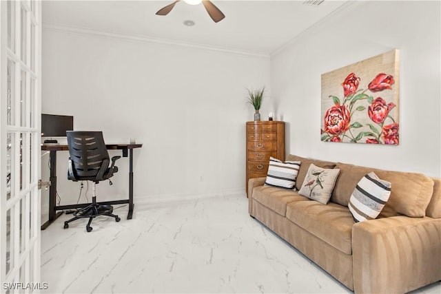 office with ceiling fan, french doors, and ornamental molding