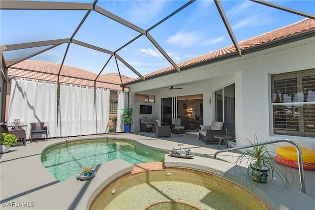 view of pool featuring a lanai, an outdoor living space, a patio, and ceiling fan