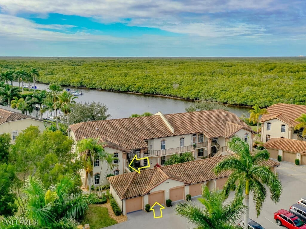 aerial view featuring a water view