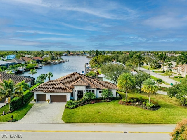 drone / aerial view featuring a water view