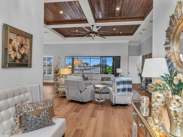 living room featuring ceiling fan, beamed ceiling, coffered ceiling, ornamental molding, and wooden ceiling