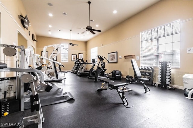 gym featuring ceiling fan