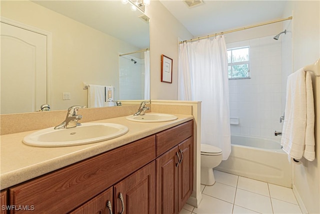 full bathroom featuring toilet, shower / tub combo, tile patterned flooring, and vanity