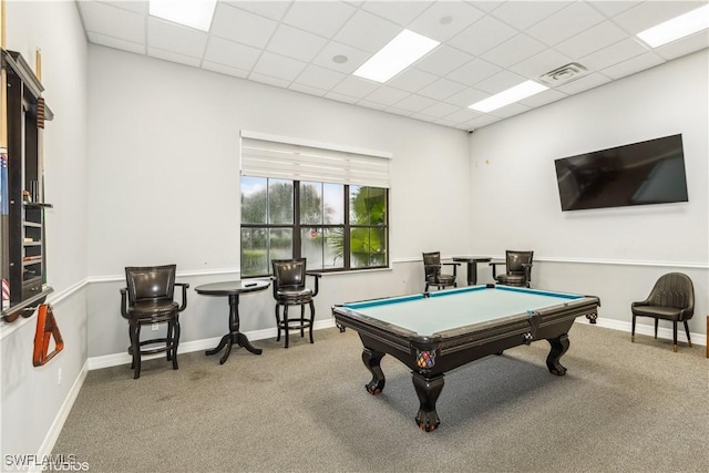 playroom with carpet floors, pool table, and a paneled ceiling