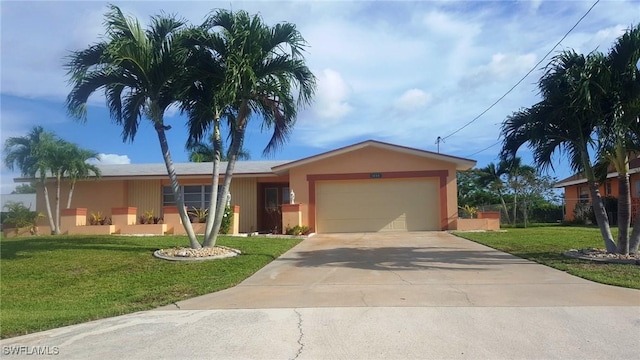 single story home with a front yard and a garage