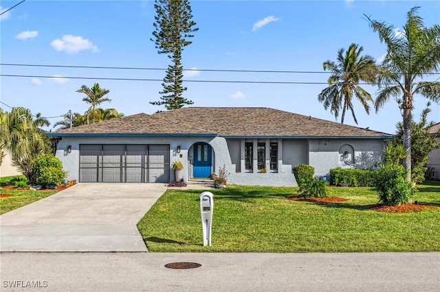 single story home with a front lawn and a garage