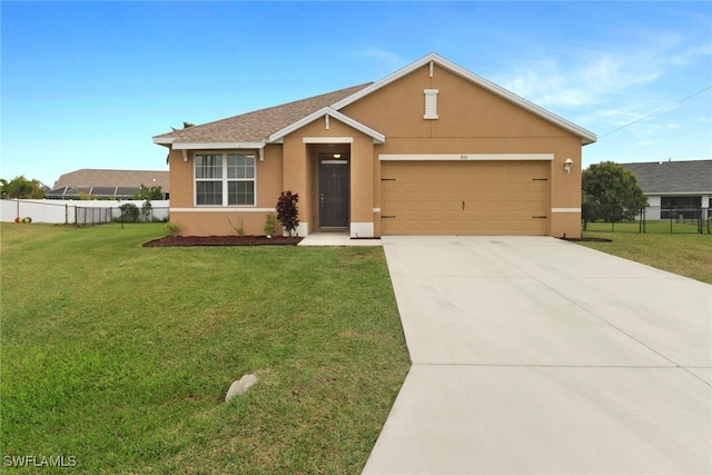 ranch-style home featuring a garage and a front lawn