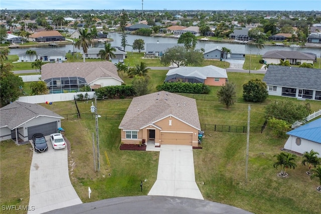 aerial view featuring a water view