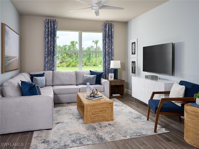 living room featuring ceiling fan