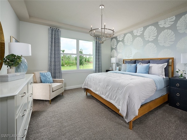 carpeted bedroom with a chandelier