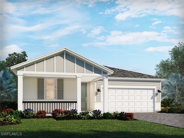 single story home featuring a garage, a front lawn, and covered porch