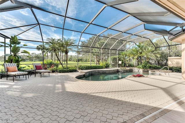 view of pool featuring a lanai and a patio