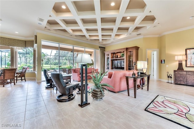 tiled living room with ornamental molding, beam ceiling, and coffered ceiling