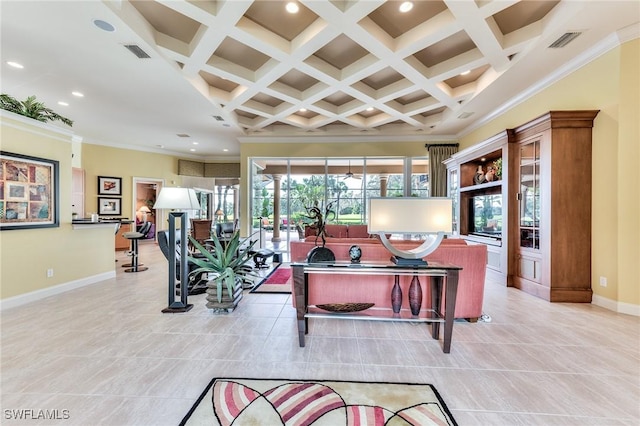 tiled living room with ornamental molding, coffered ceiling, and beamed ceiling