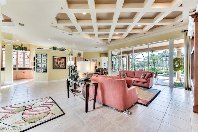 living room with light tile patterned floors, crown molding, beam ceiling, and coffered ceiling