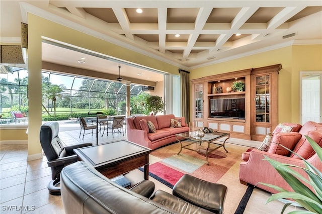 tiled living room featuring beamed ceiling, coffered ceiling, and ornamental molding