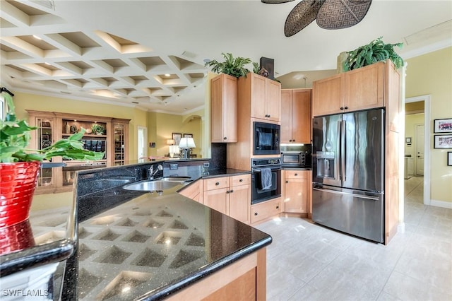 kitchen featuring black appliances, sink, light brown cabinets, and coffered ceiling