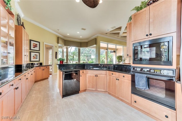 kitchen with light brown cabinets, sink, kitchen peninsula, and black appliances