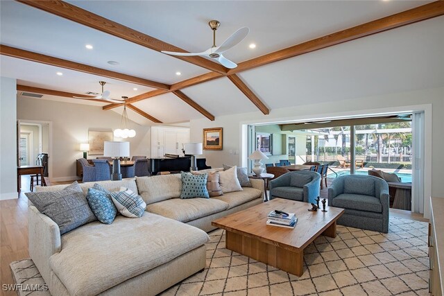 living area featuring a ceiling fan, light wood finished floors, recessed lighting, and baseboards