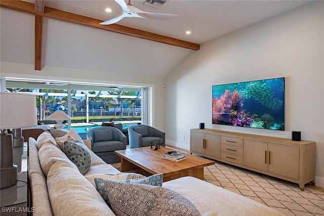 living room featuring lofted ceiling with beams and ceiling fan