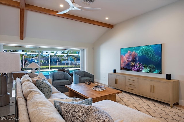 living area with ceiling fan, baseboards, and recessed lighting